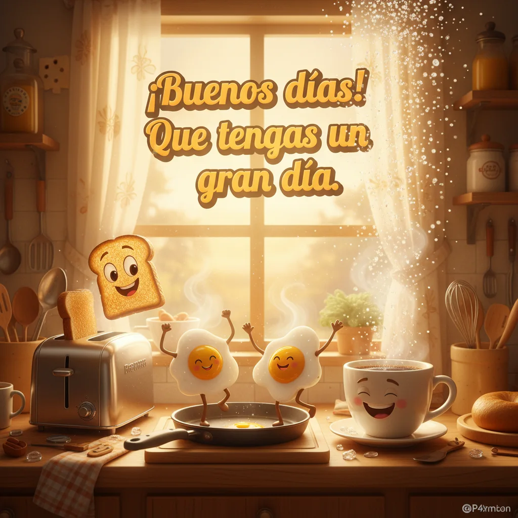 Imagen de buenos días de una cocina con tostadas y huevos bailando.