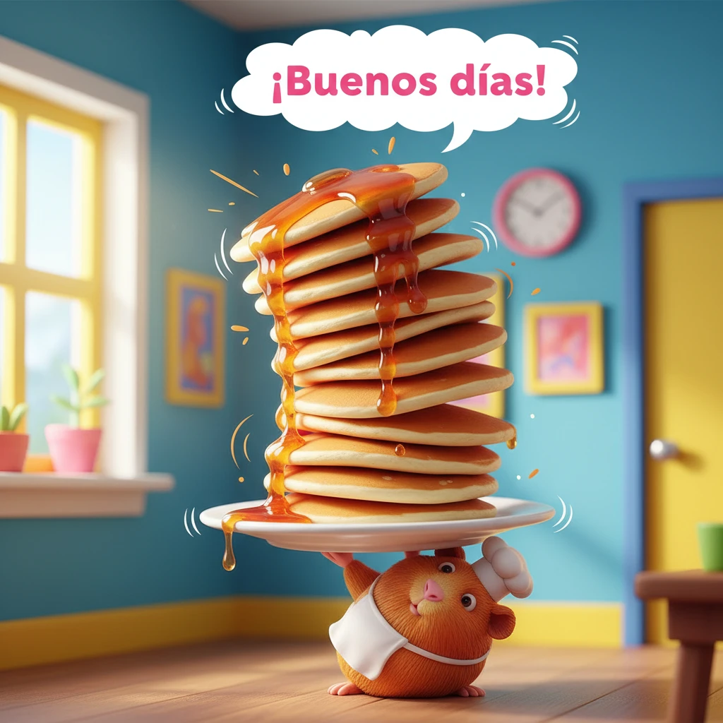 Imagen de buenos días de una cobaya sosteniendo un plato con una torre de tortitas.