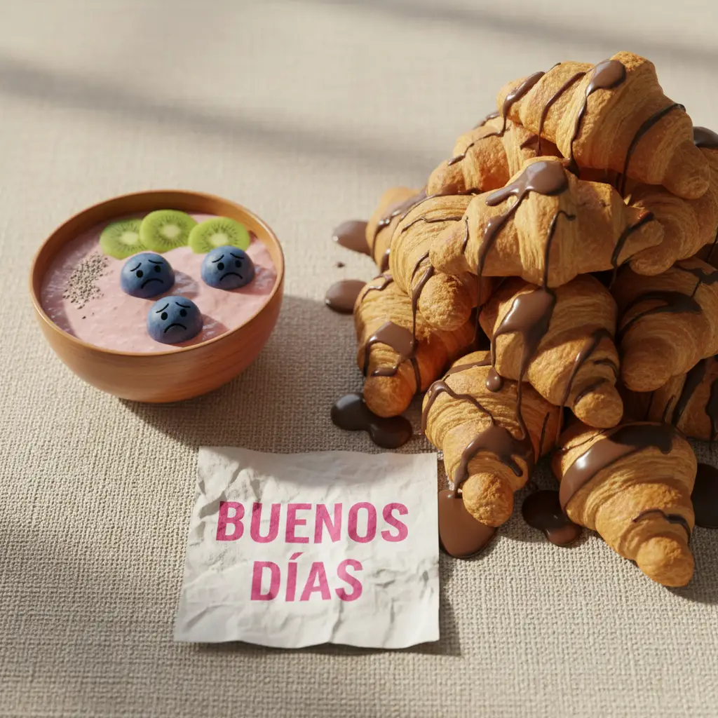 Imagen de buenos días de una montaña de cruasanes y un bol de yogur con arándanos.