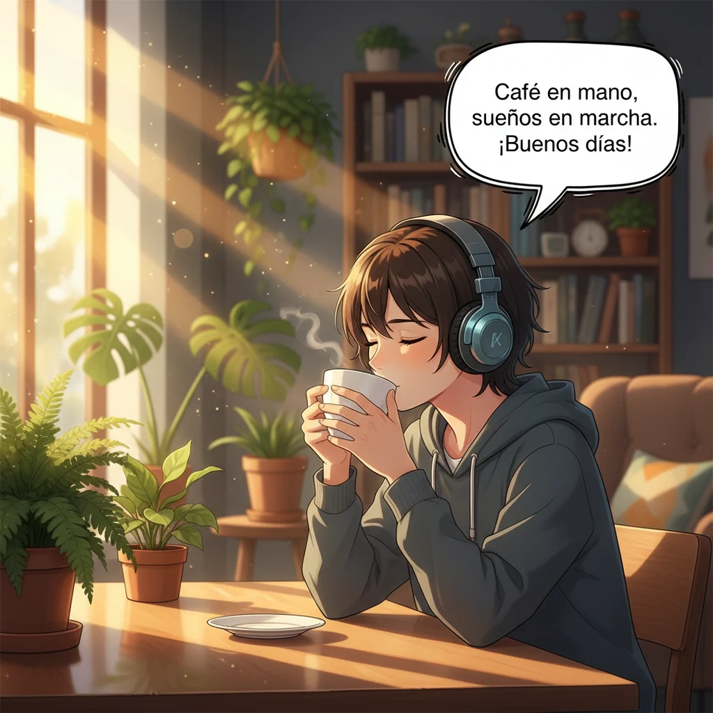 Imagen de buenos días de una joven con unos auriculares y tomando café.