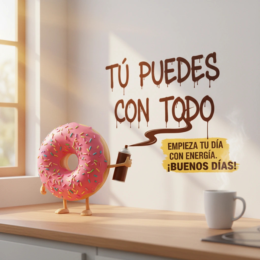 Imagen de buenos días de una rosquilla rosa en una cocina haciendo un graffiti.