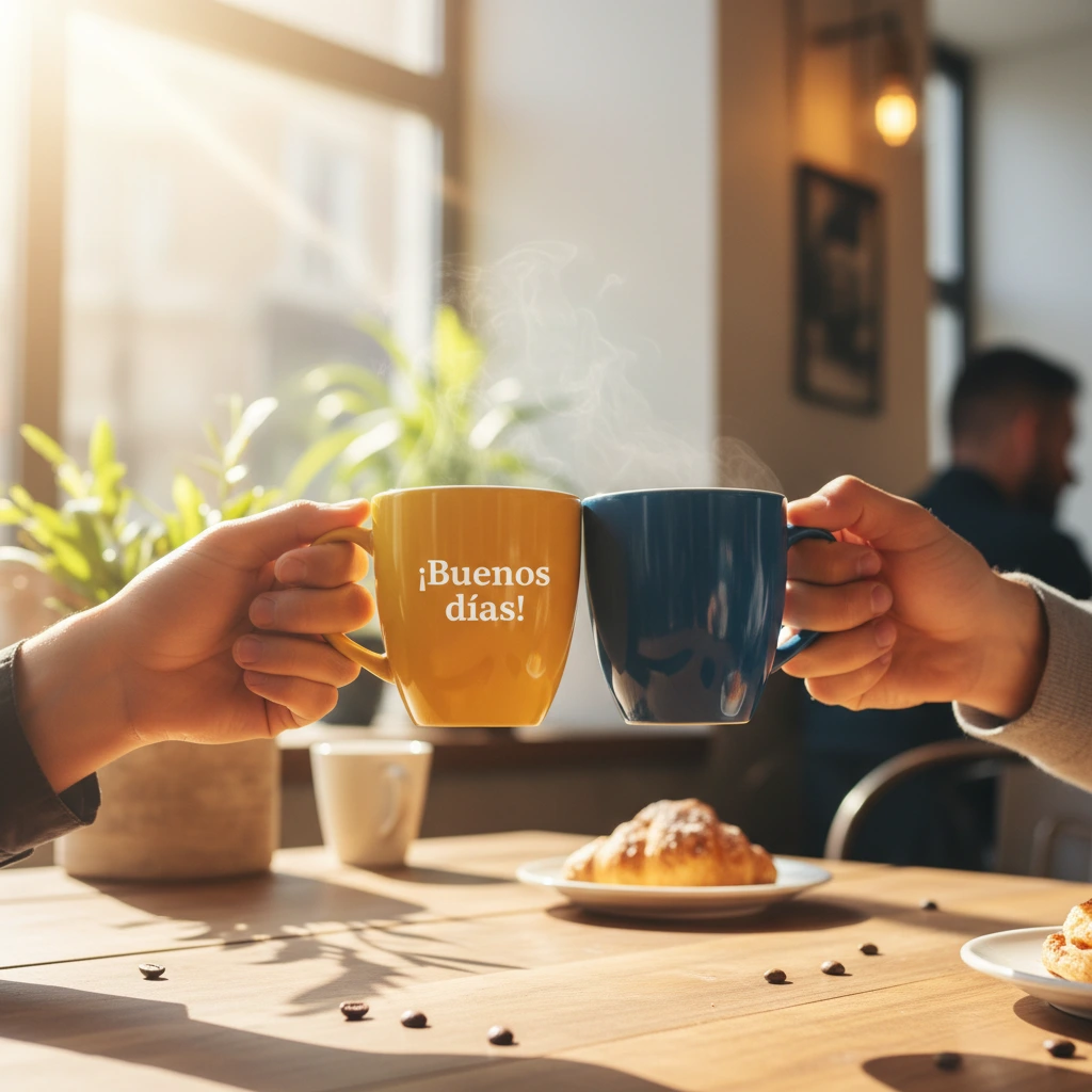 Imagen de buenos días de las manos de dos personas con tazas de café brindando en una cafetería.