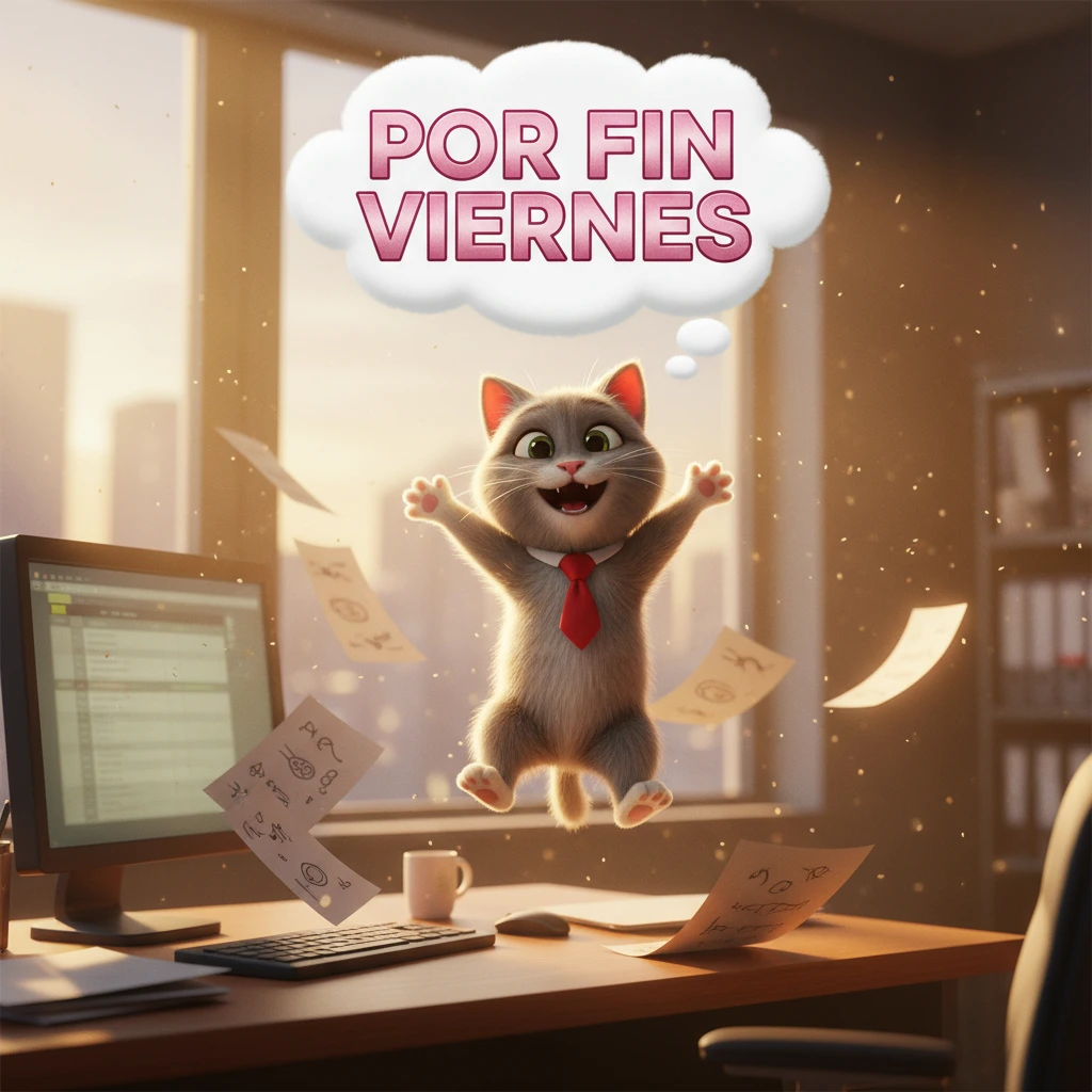 Imagen de buenos días de un gato saltando de alegría sobre un escritorio en una oficina.