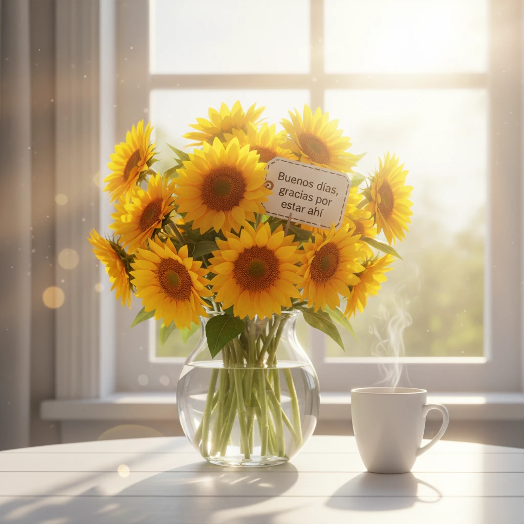 Imagen de buenos días de un ramo de girasoles con una tarjeta y una taza de café.