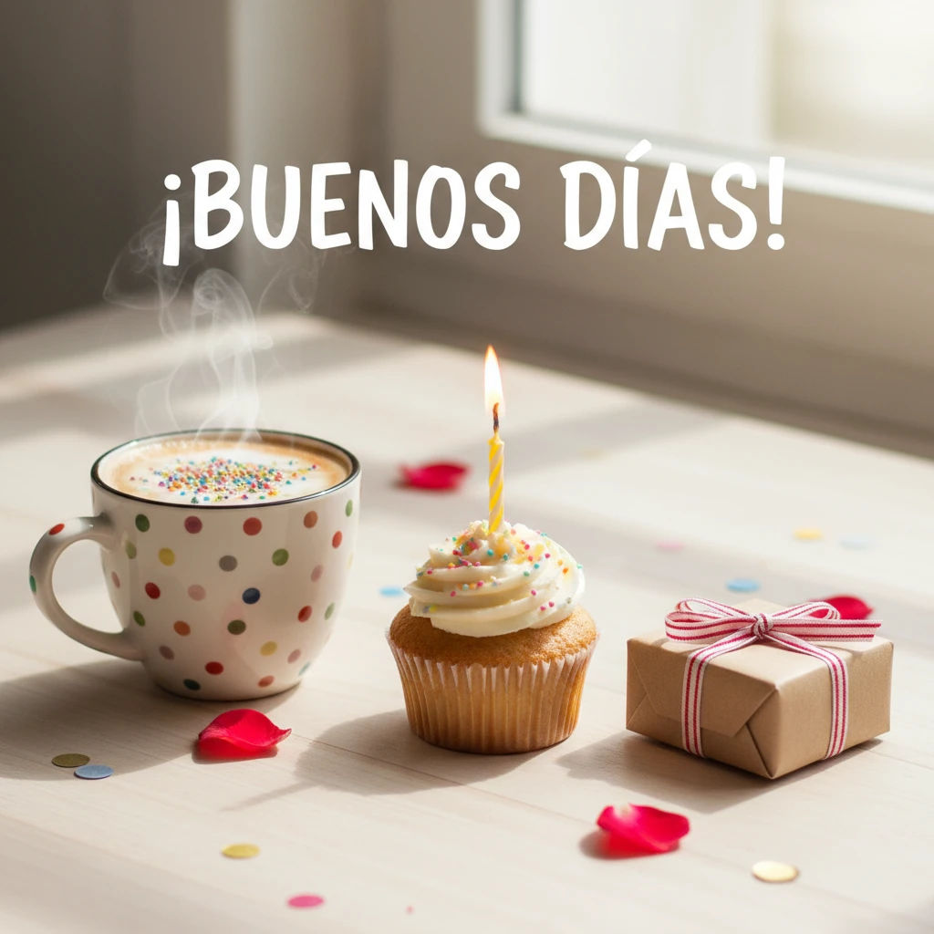Imagen de buenos días de una cupcake con una vela y una taza de café.