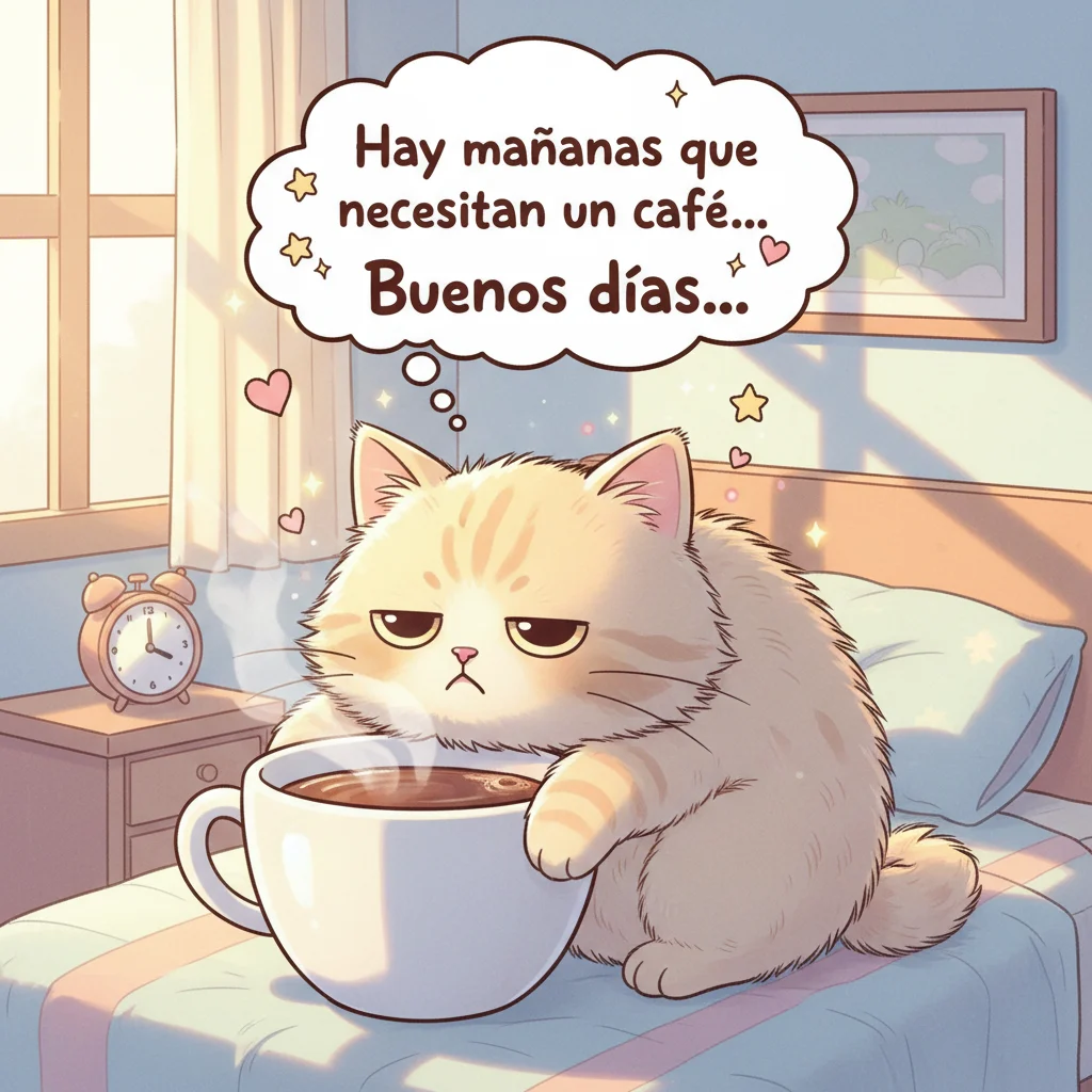 Imagen de buenos días de un gato en una cama con una taza grande de café.