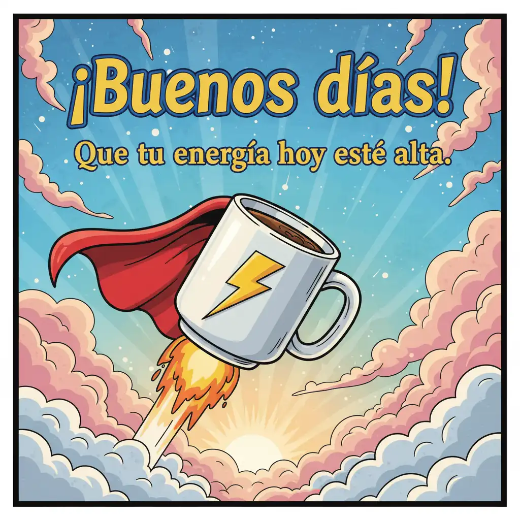 imagen de buenos días de una taza volando con una capa roja.