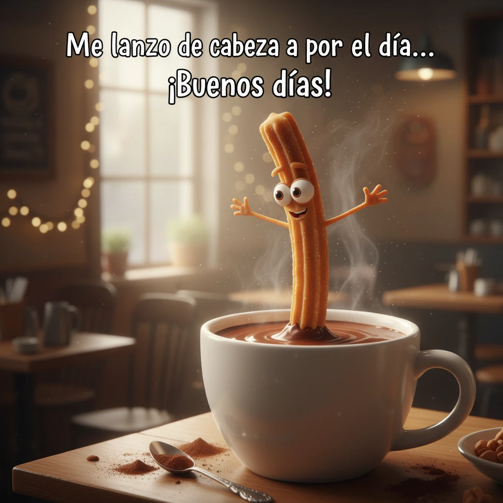 Imagen de buenos días de un churro con carita sonriente dentro de una taza con chocolate caliente.