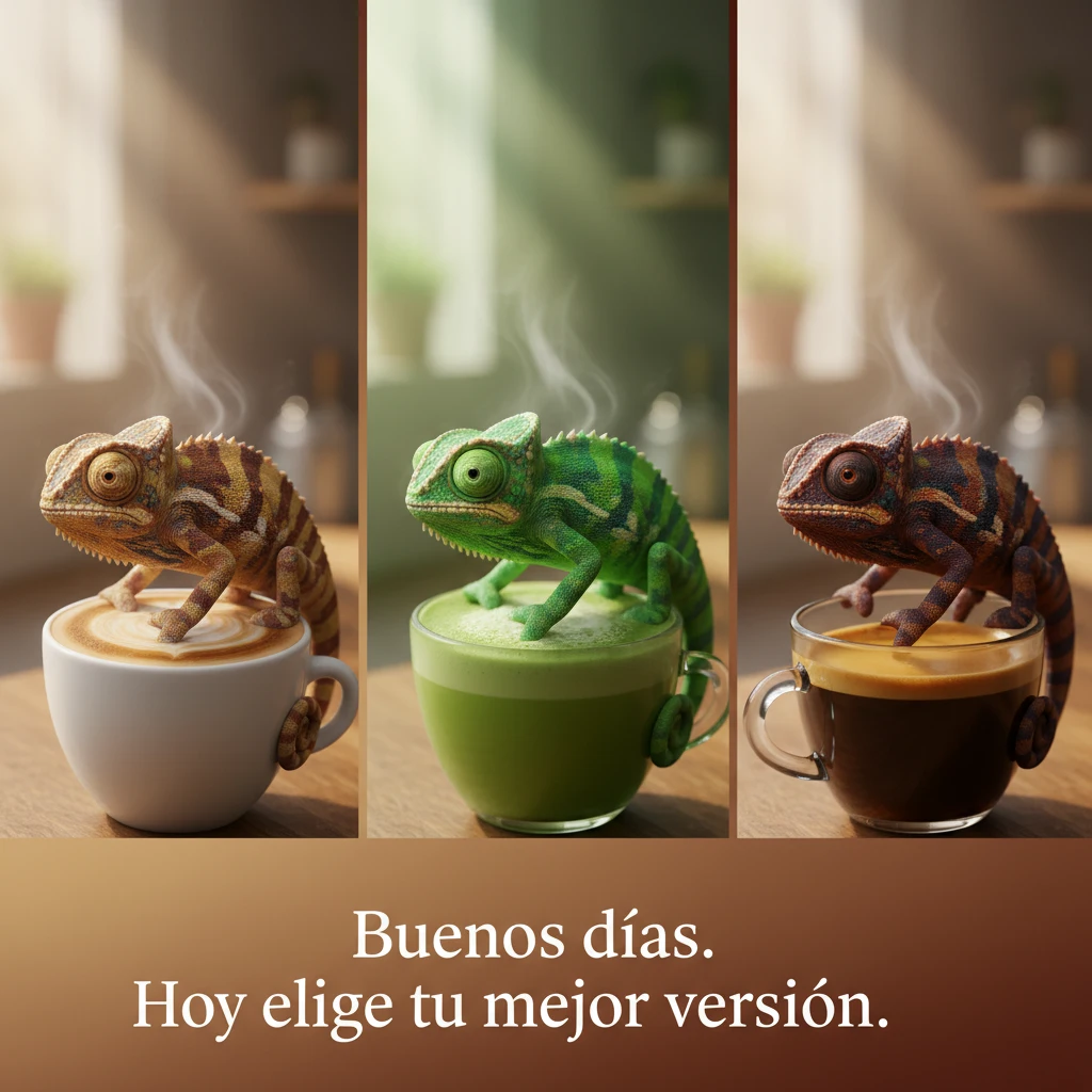 Imagen de buenos días con camaleón cambiando de color según el tipo de café.