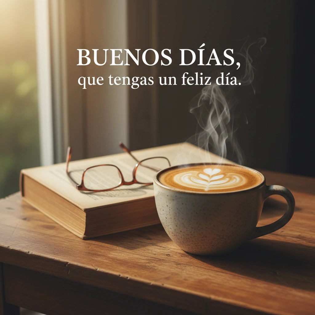 Imagen de buenos días con una taza de café y un libro sobre una mesa de madera.