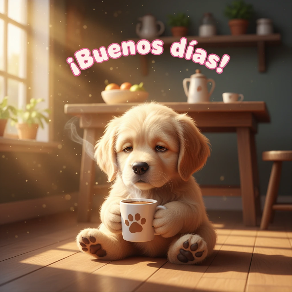Imagen de buenos días de un perro sosteniendo una taza de café.