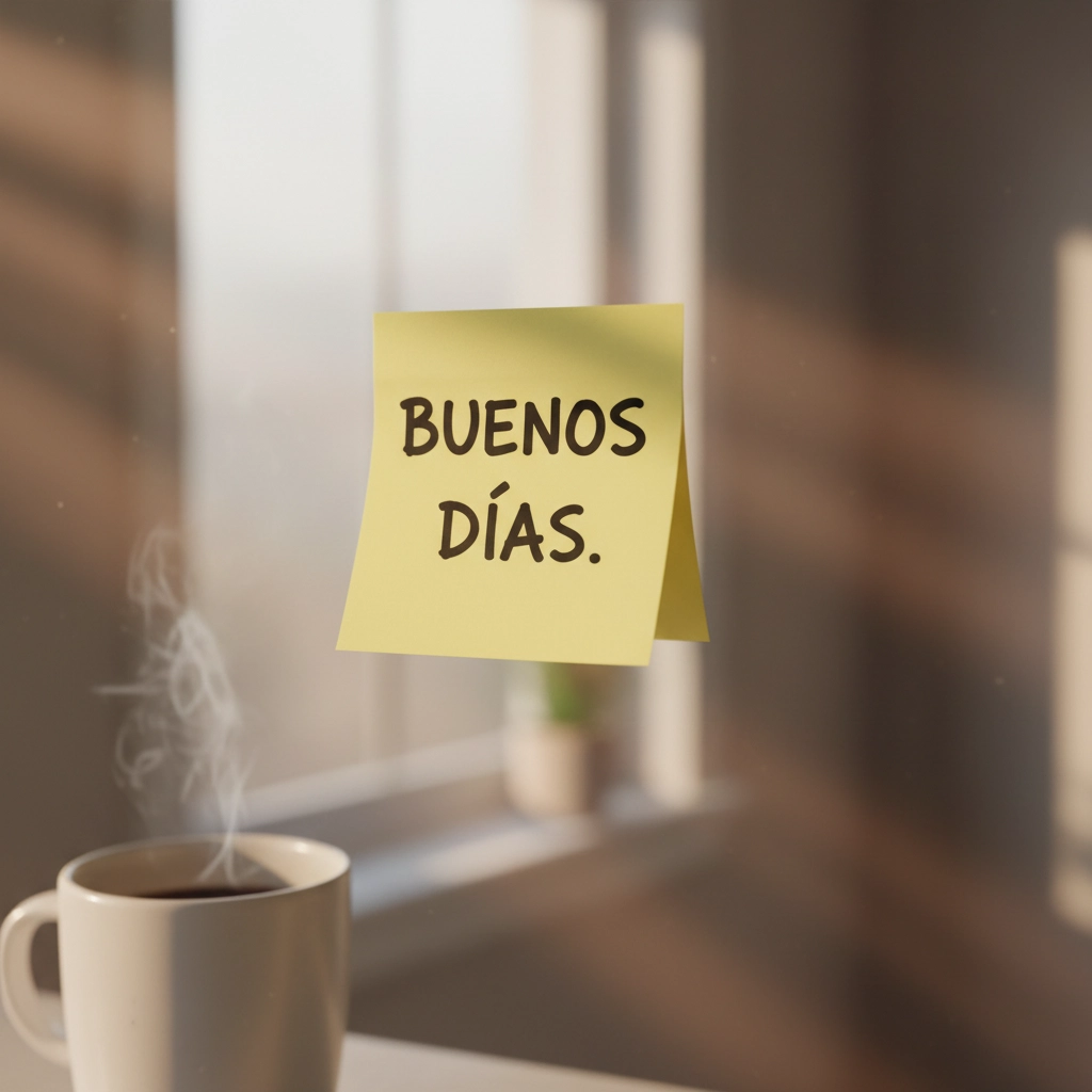 Imagen de buenos días de una taza de café y una nota amarilla en un espejo.