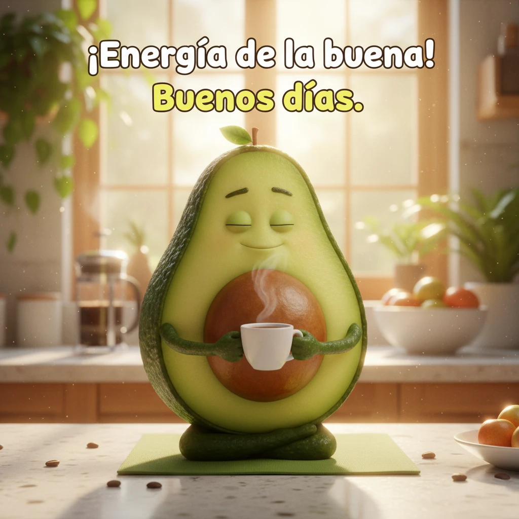 Imagen de buenos días de un aguacate meditando y sosteniendo una taza de café.