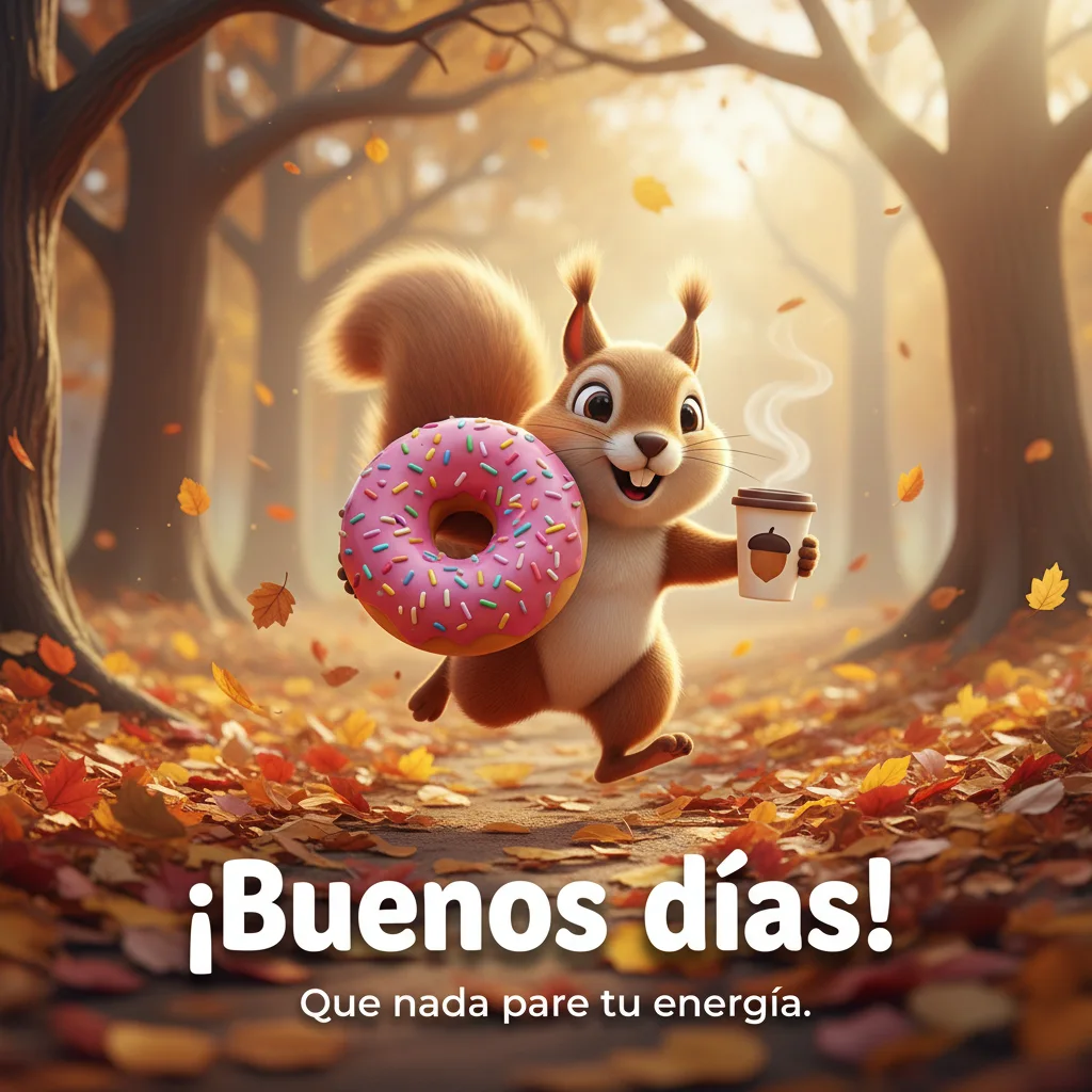 Imagen de buenos días de una ardilla corriendo por un bosque con una rosquilla rosa y un café.
