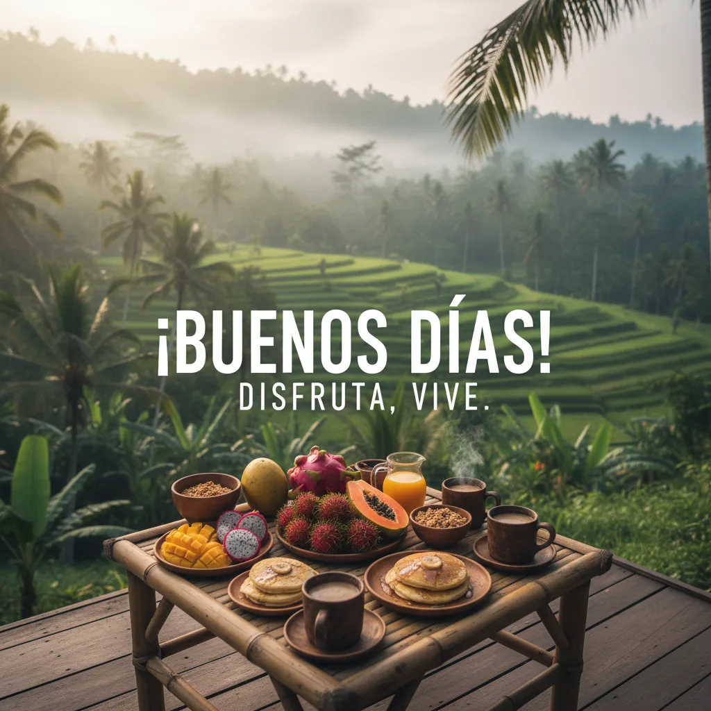 Imagen de buenos días de un desayuno con vistas a un campo de arroz en Bali.