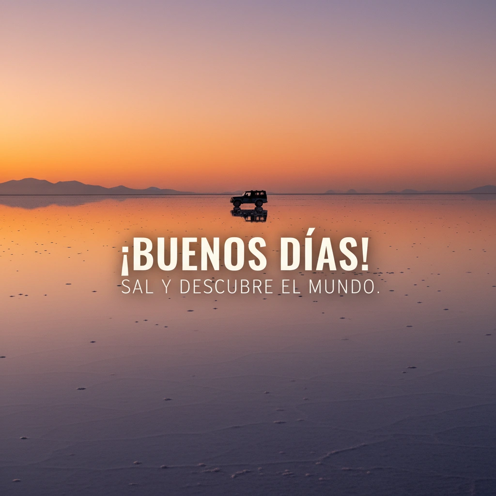 Imagen de buenos días de un coche en medio del salar de Bolivia.