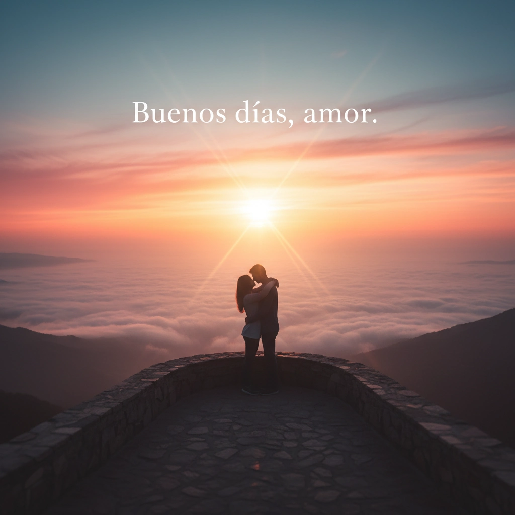 Imagen de buenos días de una pareja abrazándose en un mirador al amanecer.