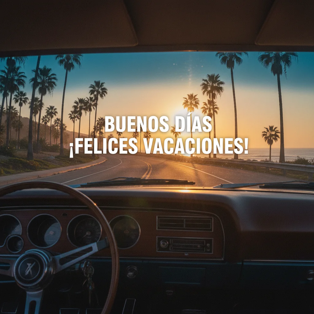 Imagen de buenos días de un coche con vistas a una carretera al lado de una playa y rodeada de palmeras.