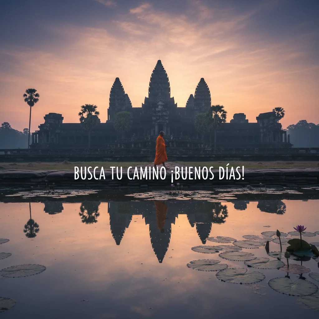 Imagen de buenos días de un monje caminando por Angkor Wat.