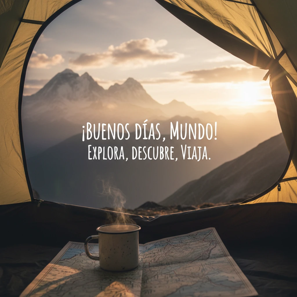 Imagen de buenos días de una tienda de campaña abierta con vistas a unas montañas.