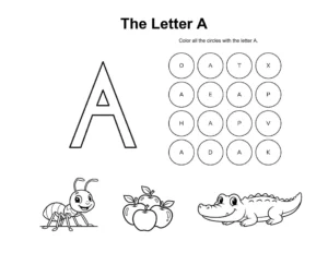 Letter A coloring page with an ant, alligator, and apples along with a letter recognition activity