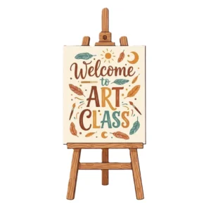 Easel with a canvas that says Welcome to Art Class and feather accents