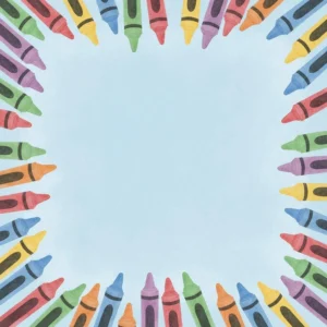 Watercolor style illustration of crayons bordering a blue background for classroom materials