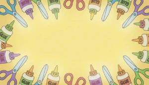 Yellow background with a border of animated glue and scissor characters