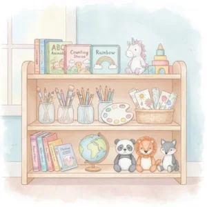 Bookshelf with paints, stuffed animals, and childrens books