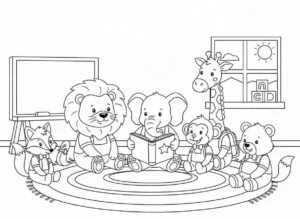 Coloring page with cute animals in a classroom reading circle