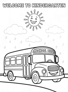 Coloring page of a school bus and clouds for traciing