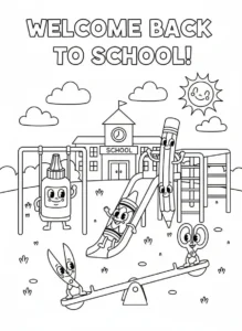 Coloring page of school supplies on a playground