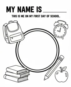 Preschool coloring page with space for a self-portrait