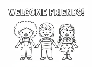 Simple coloring page with three kids holding hands