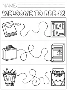 Pre-K coloring page with tracing lines and school supplies