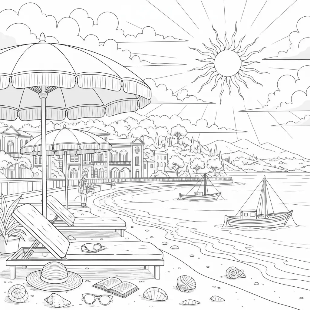 summer coloring page for adults of a beach side scene