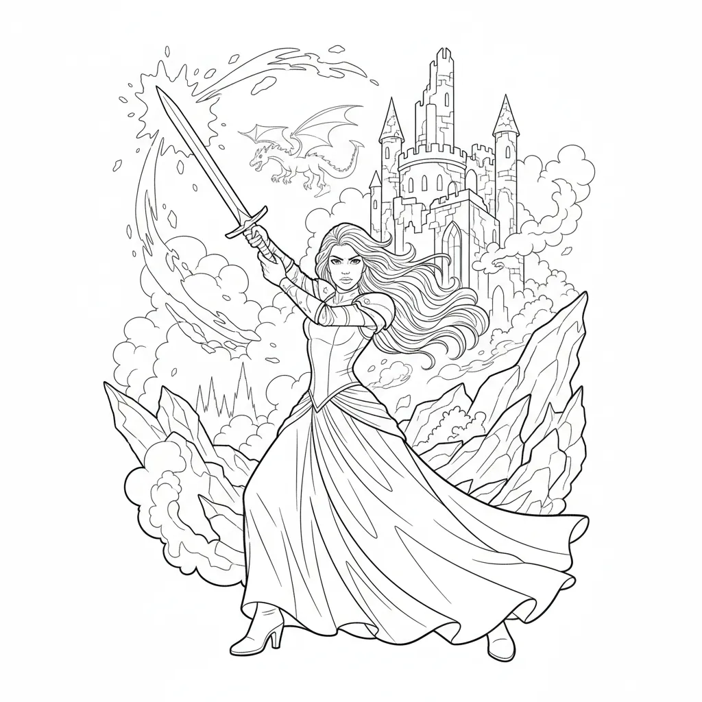 coloring page of a fierce princess wielding a sword and defending her castle
