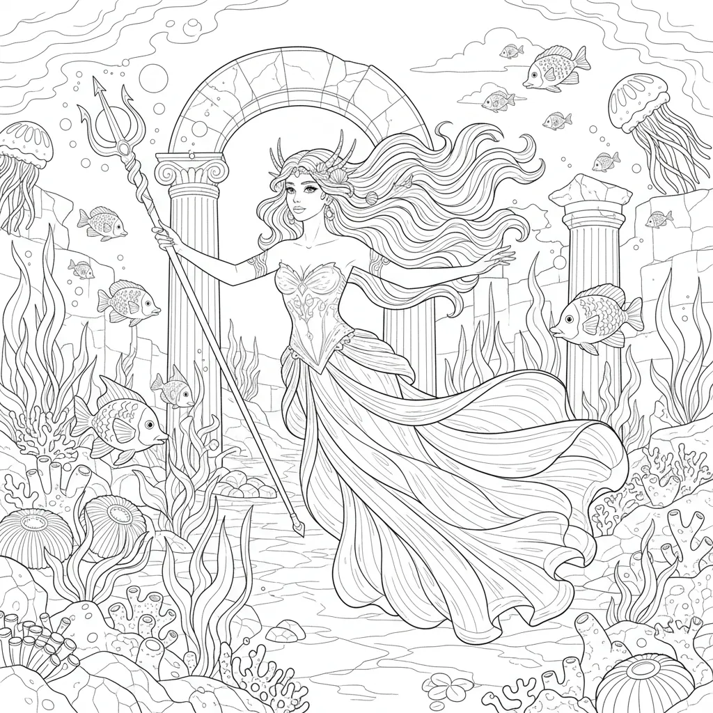 coloring page of an atlantis inspired princess in an underwater scene
