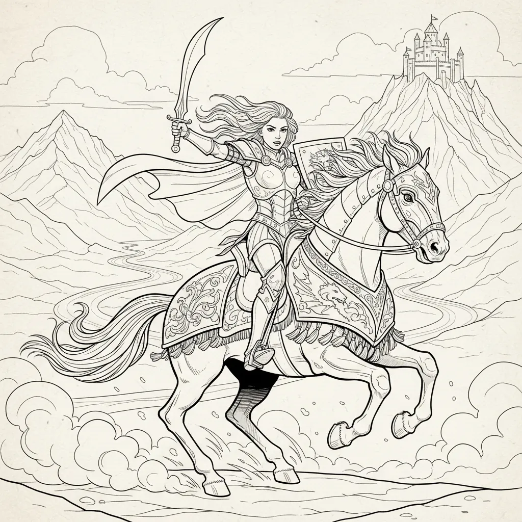 coloring page of a warrior princess riding a horse