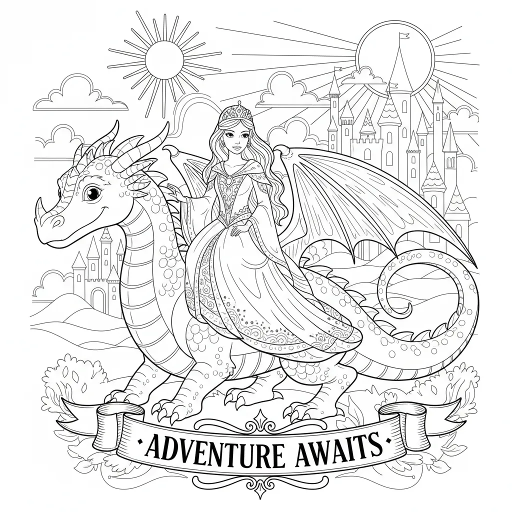 coloring page of a princess on a dragon with the words adventure awaits
