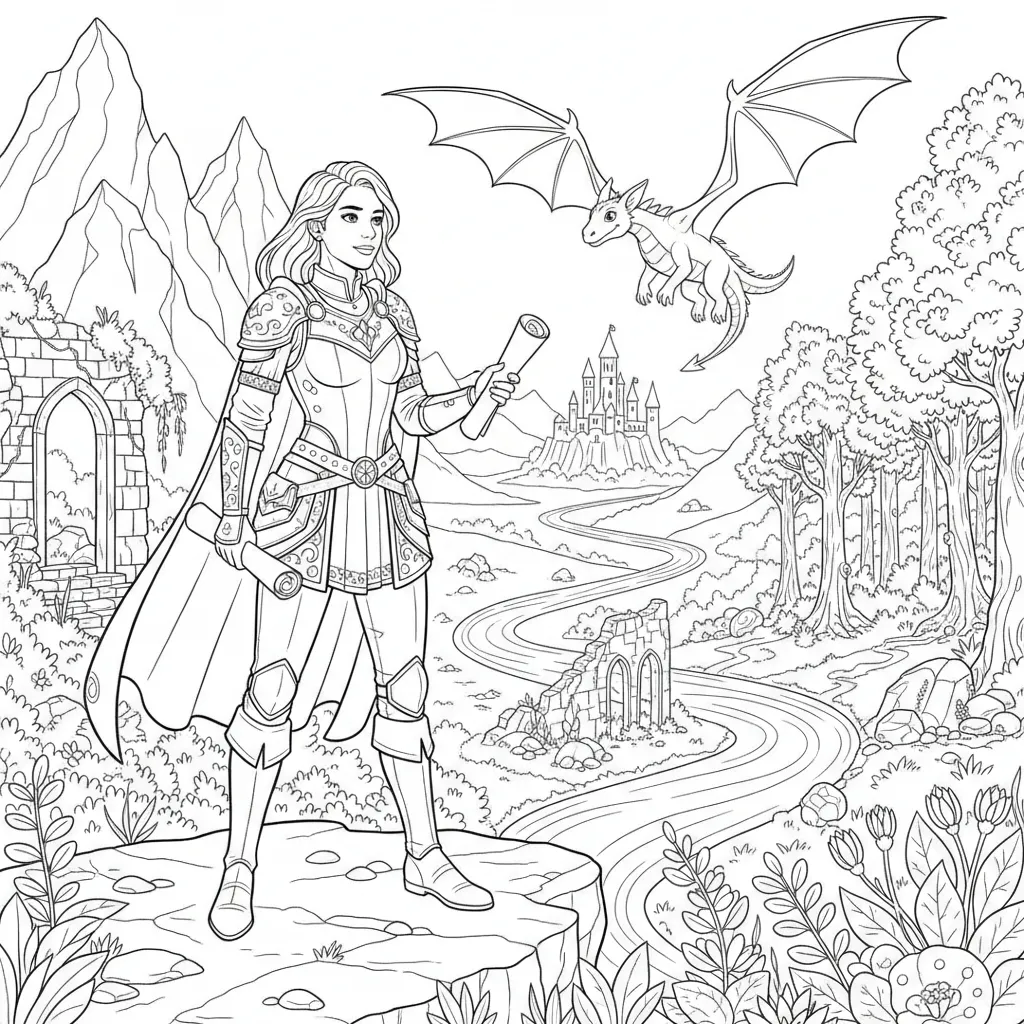 coloring page of a princess on a quest holding scrolls in her hands with a dragon in the background