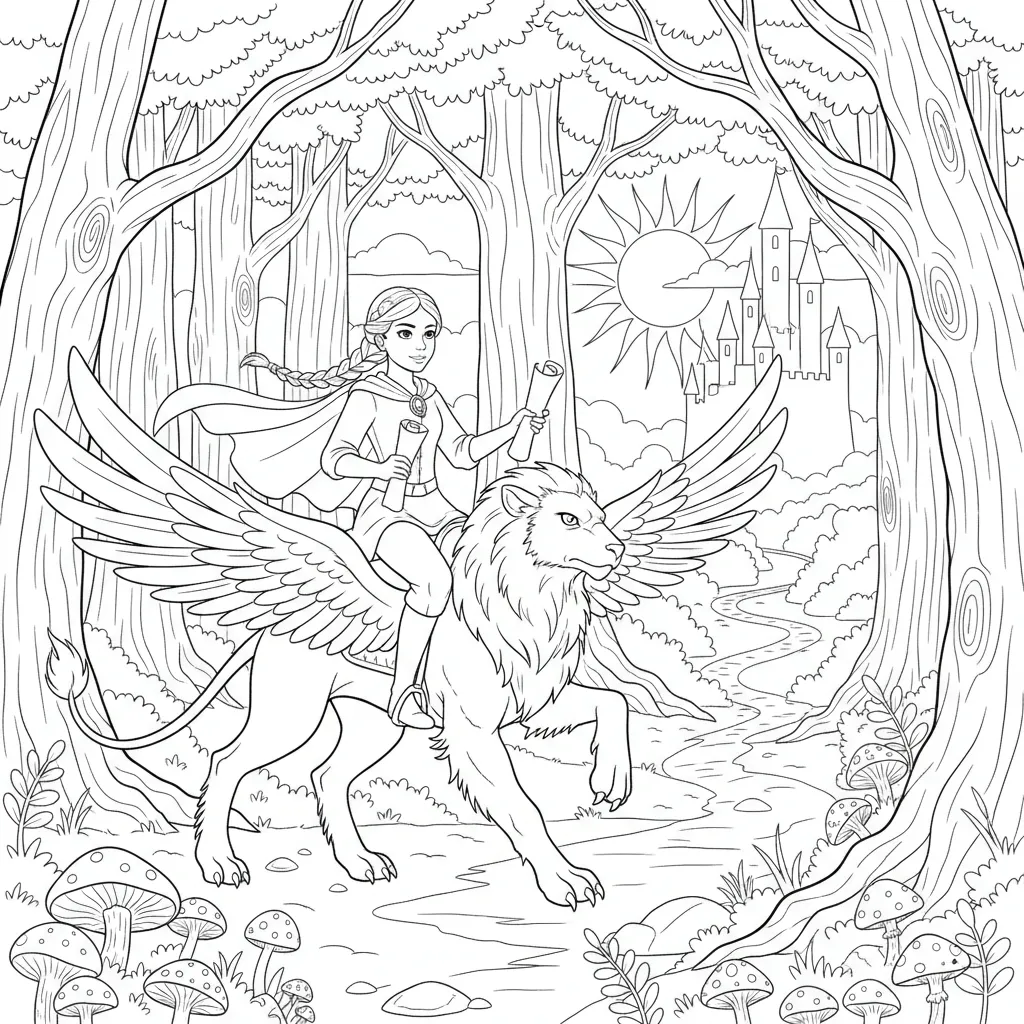 coloring page of a princess on a quest riding on a winged lion