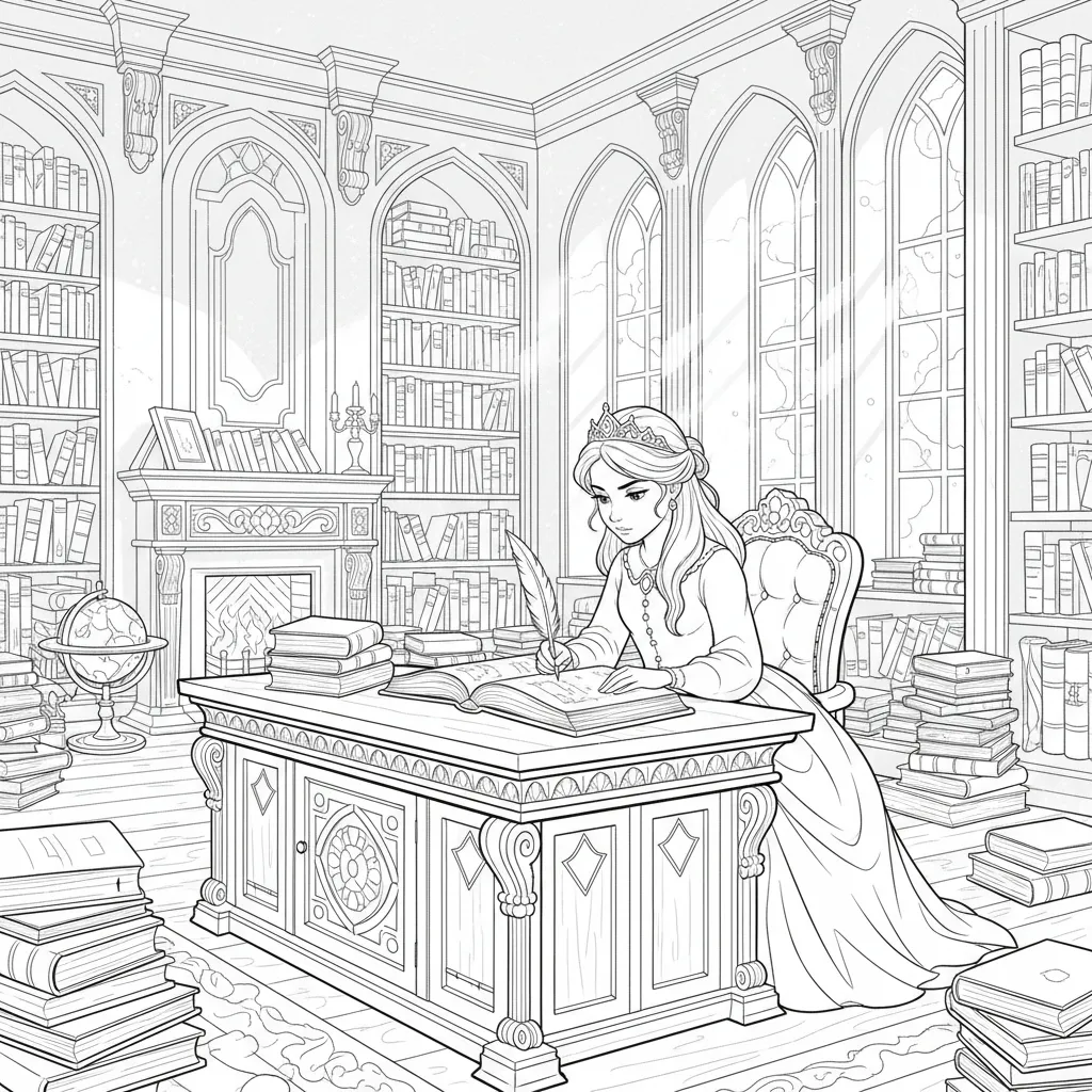 coloring page of a princess studying intently in a library