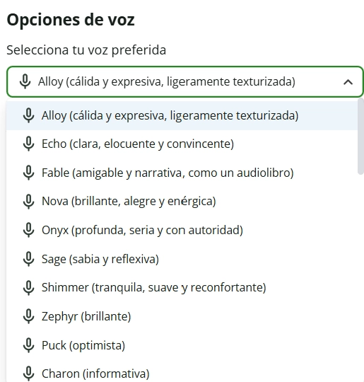 La herramienta de convertir texto a voz ofrece distintas voces para que elijas la que más se ajusta.