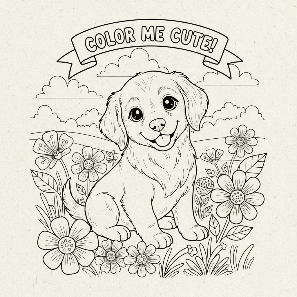 coloring page of a cute puppy and the words color me cute