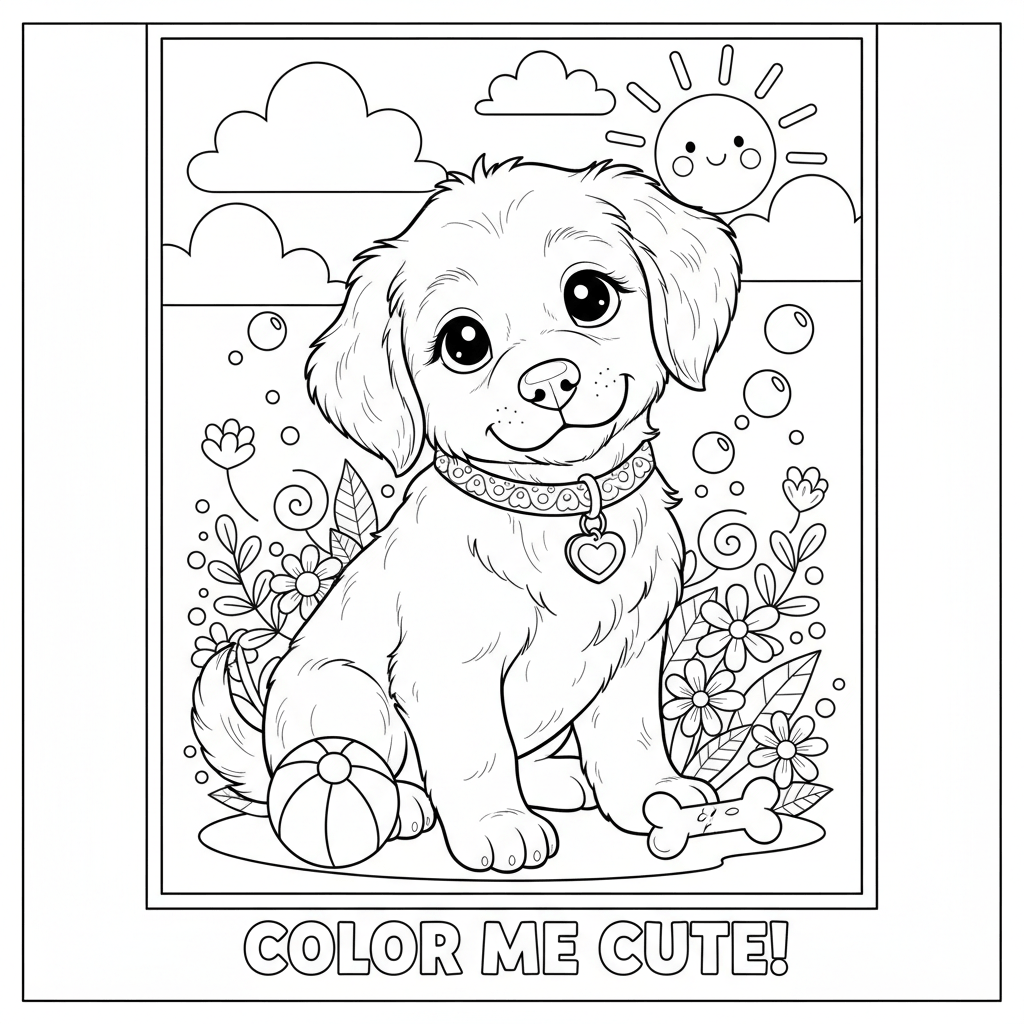coloring page of a cute puppy with the words color me cute!