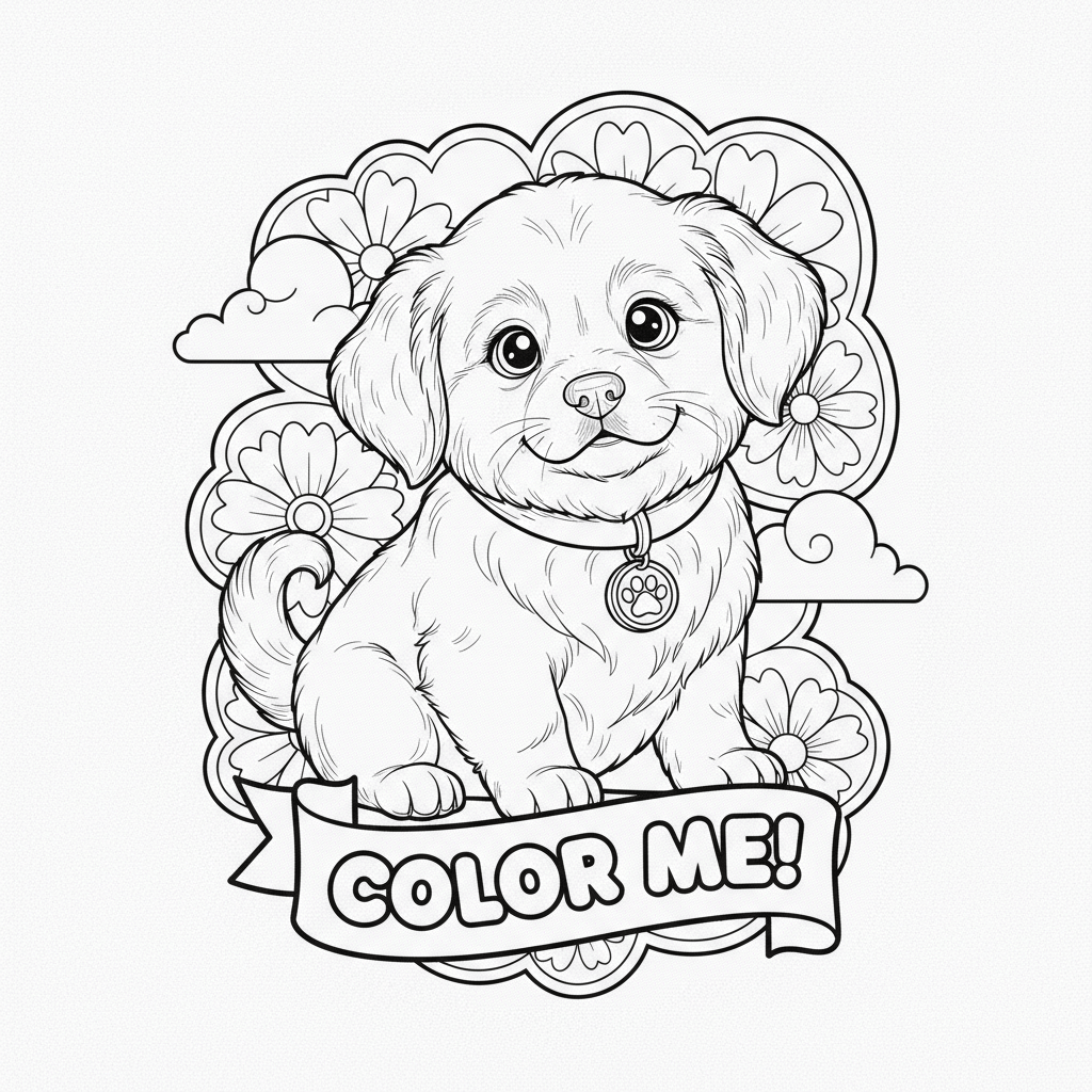coloring page of a cute puppy with the words color me!