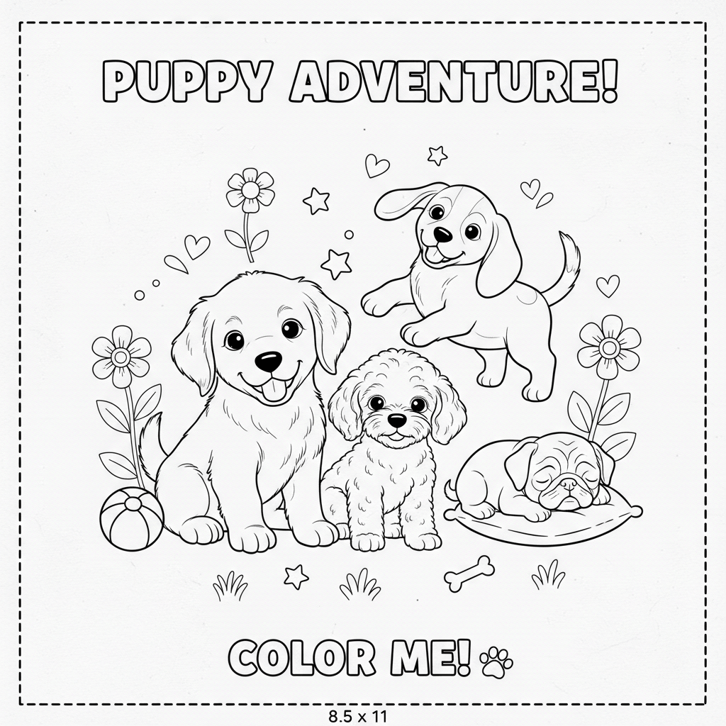 coloring page of cute puppies and the words puppy adventure! and color me!