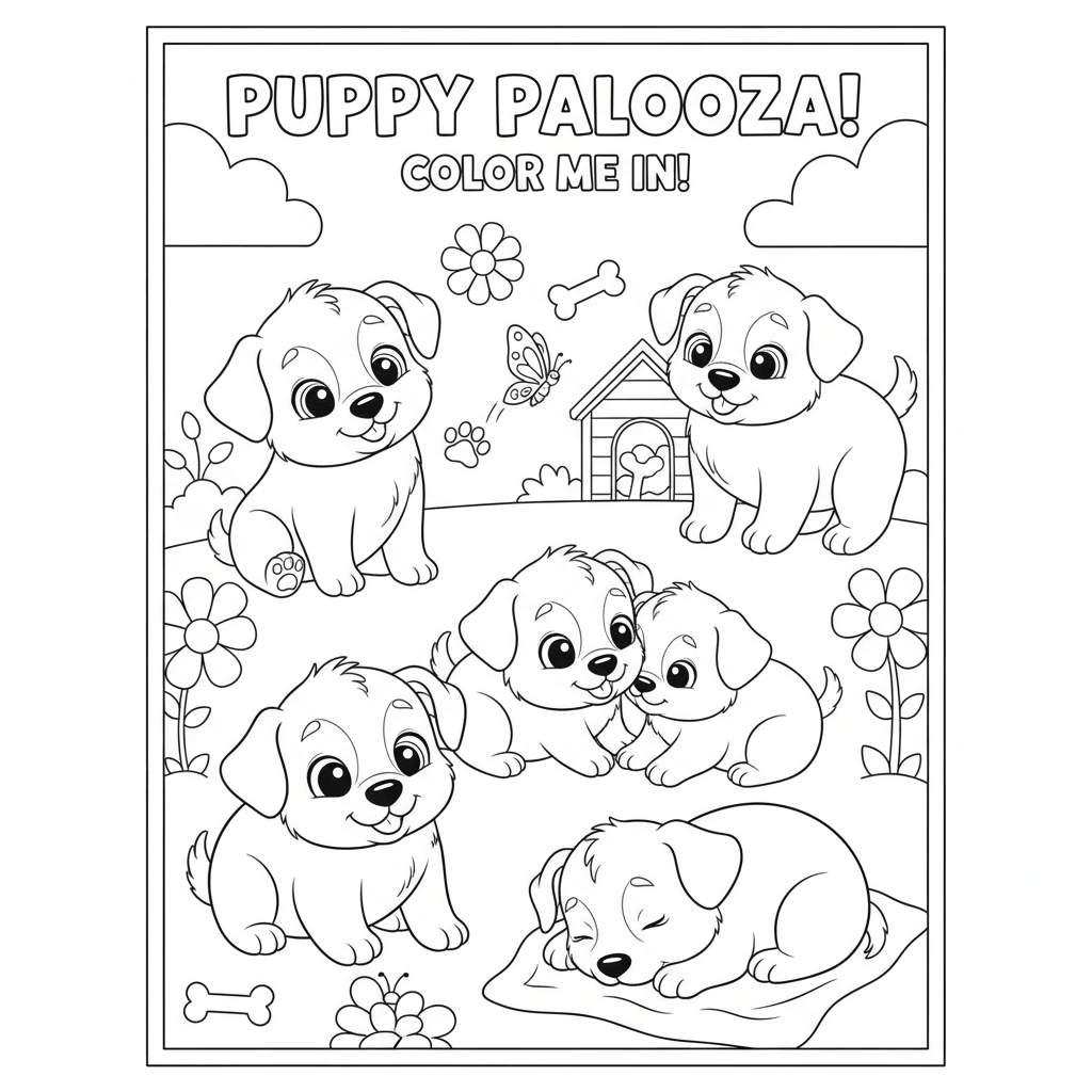 coloring page of cute puppies with the words puppy palooza! color me in!