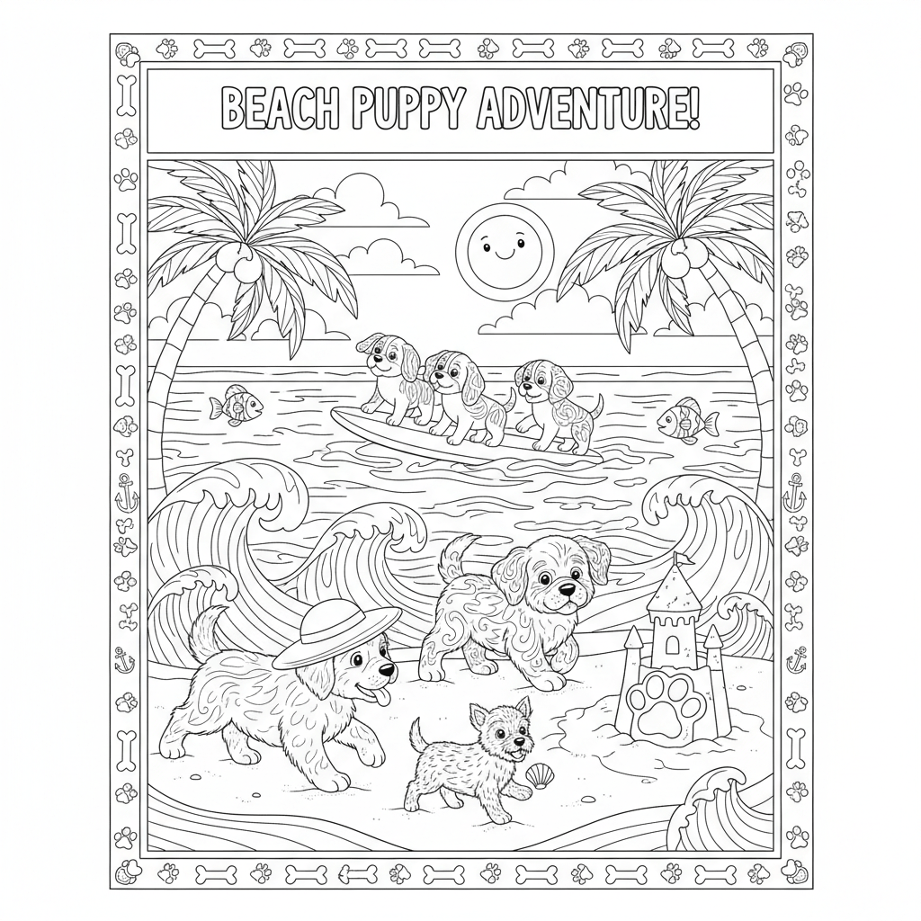 coloring page of cute puppies on the beach and the words beach puppy adventure!